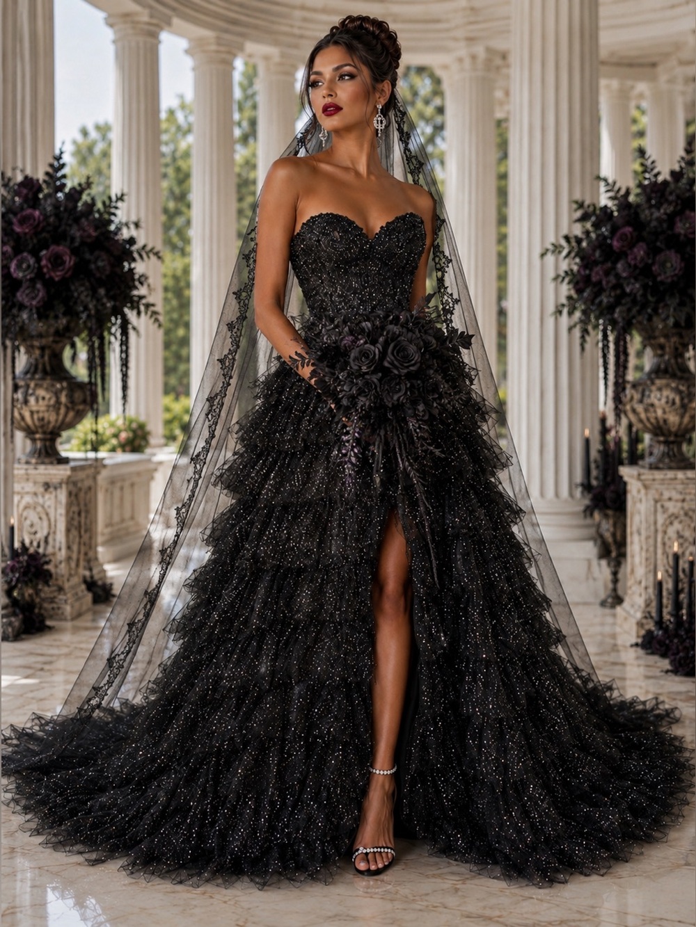Sparkly Black Evening Dress SZ 8 Tiered Tulle Glitter Formal Statement Dramatic - Picture 9 of 9